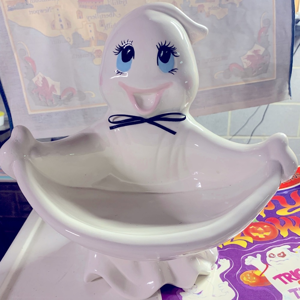 Rare vintage Halloween candy bowl, cute ghost, plus window decorations